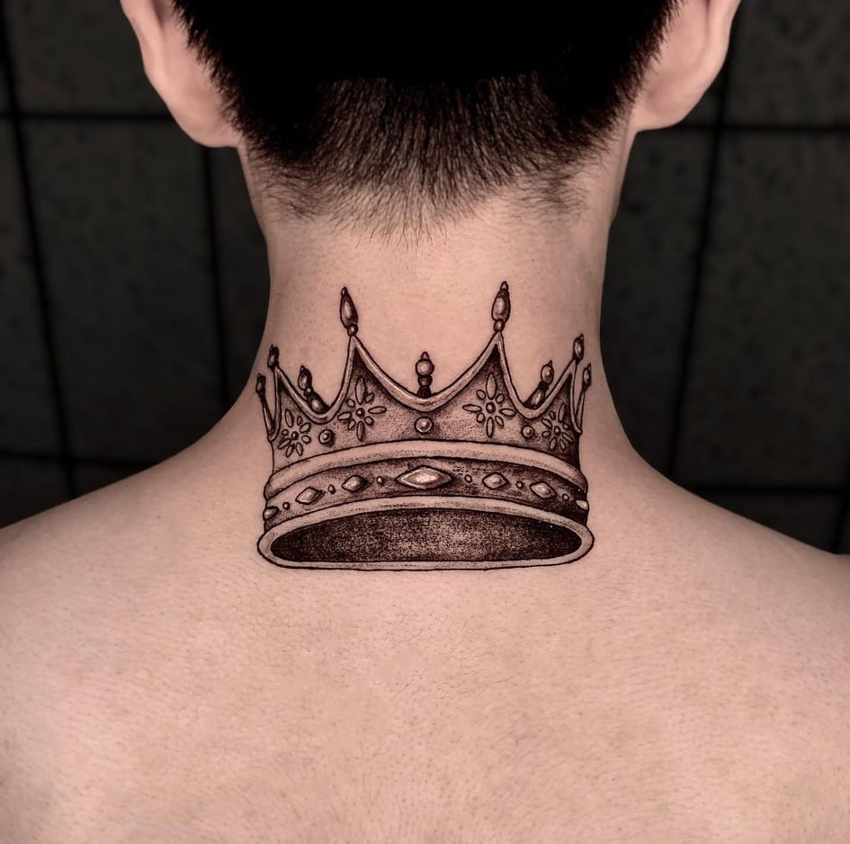 large on neck Crown Tattoo - The Dashing Man
