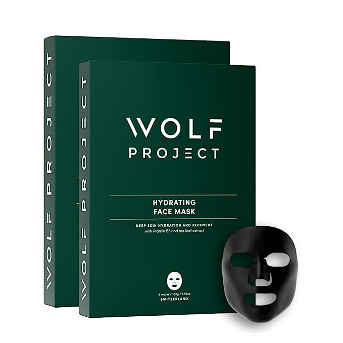 Wolf Project Men's Moisturizing Face Mask Sheets - Charcoal Face Sheet Mask with Hyaluronic Acid, Vitamin B3, Natural Serum, Face Mask Skin Care